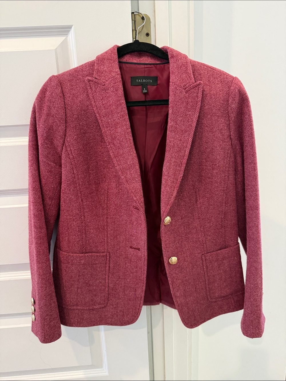 Talbots Pink Herringbone Tailored Blazer with Gold Buttons